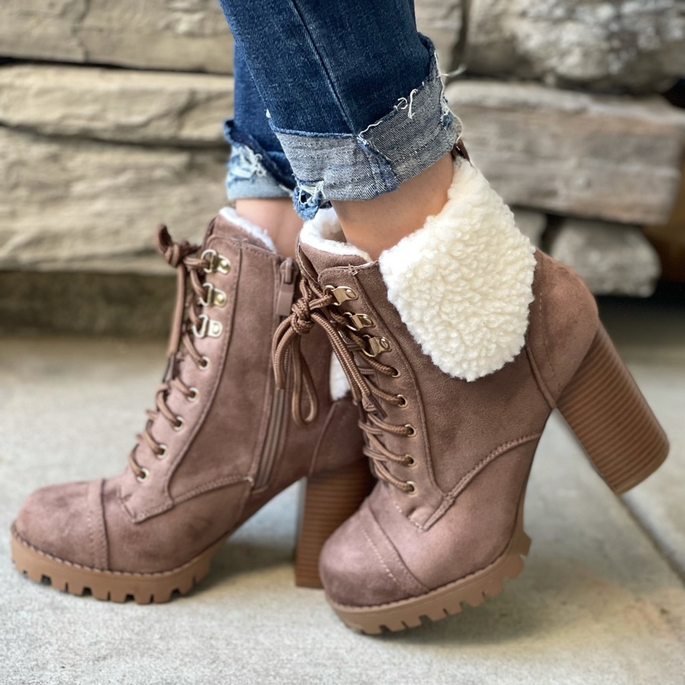 Tan Sherpa lace up chunky lug sole booties